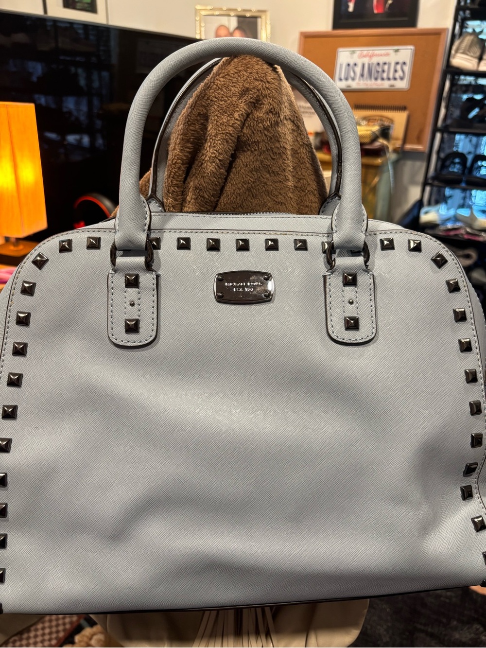 Michael Kors Light Blue Pyramid-Stud Satchel Bag NWT